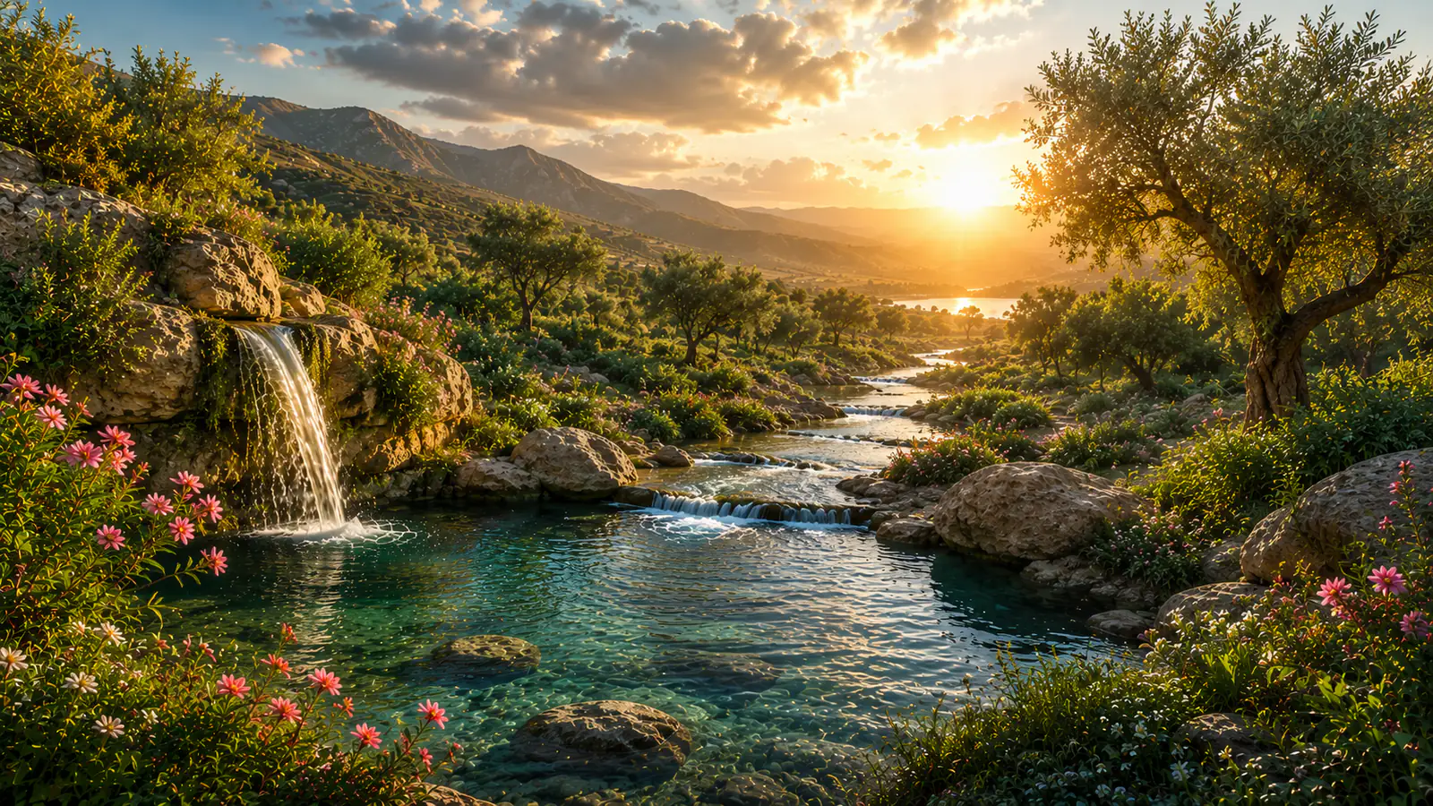 Arroyo que nace de una cascada entre rocas y desciende por colinas doradas hacia el horizonte.